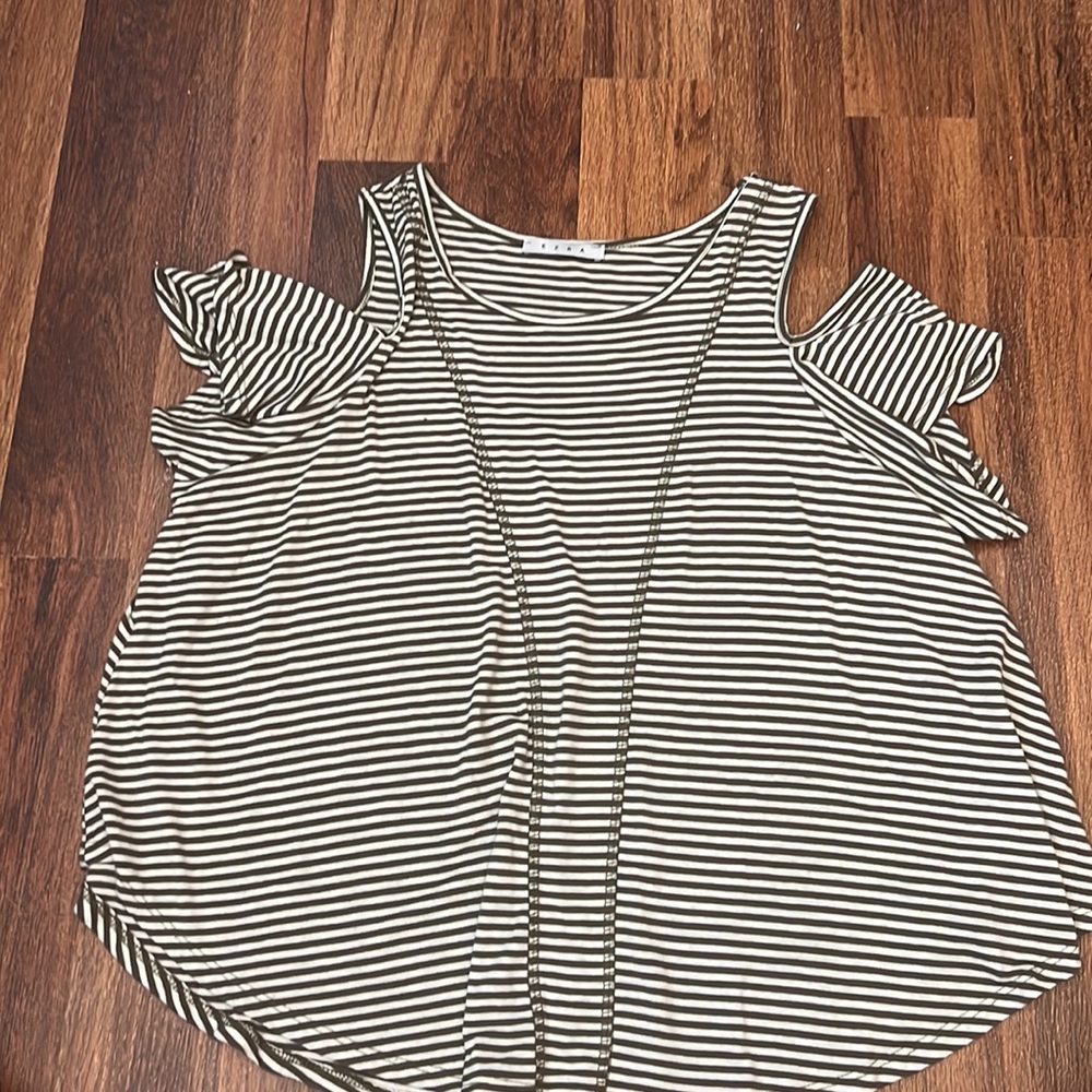Ezra Green and White Striped Top with Open Shoulder.